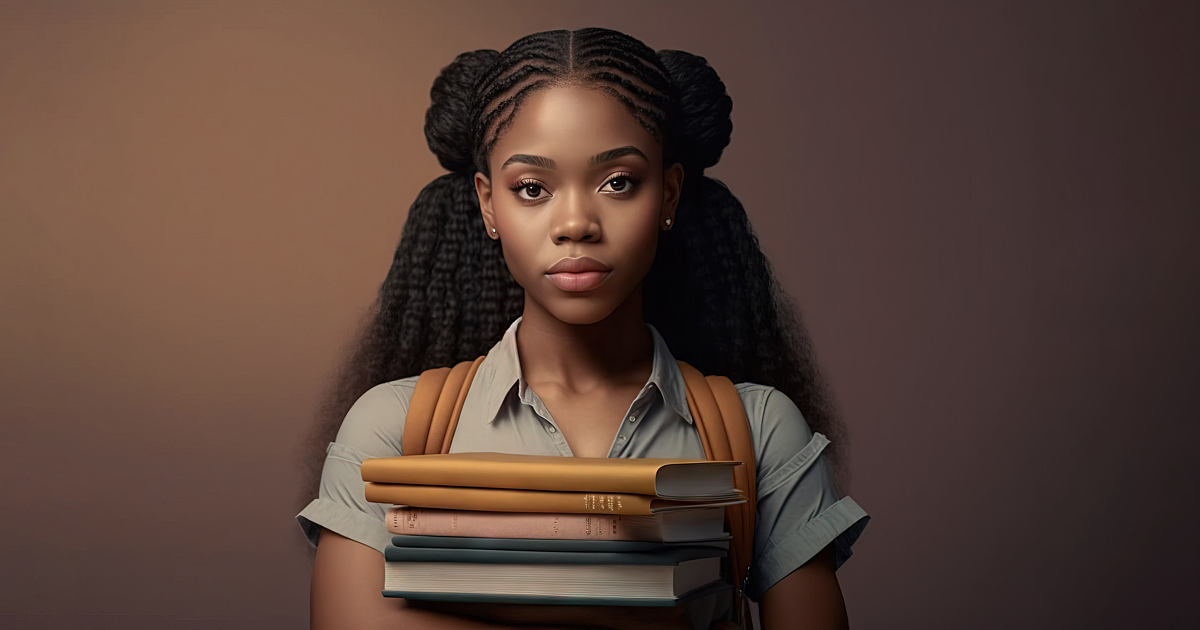 Education and learning. Portrait of African-American schoolgirl holding a stack of schoolbooks on studio background.