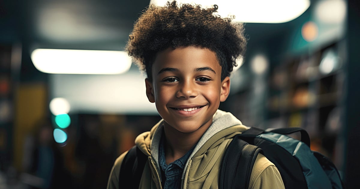 Diversity and Minority Representation In Education: A Smiling Young Black School Boy Wearing a Backpack. A Happy African American Elementary School Student. Generative AI