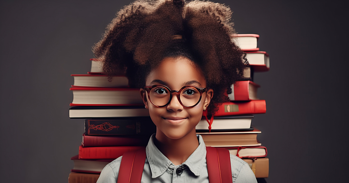 African American schoolgirl, smiling, looking at camera, wears glasses dark background with books and backpack. Education. Self-development. Generated
