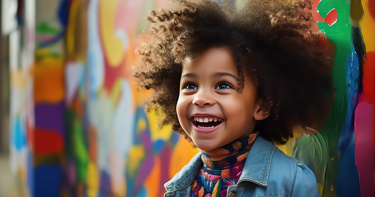 Portrait of adorable African little girl, lean against of wall with paintings. Street art, little artist concept.