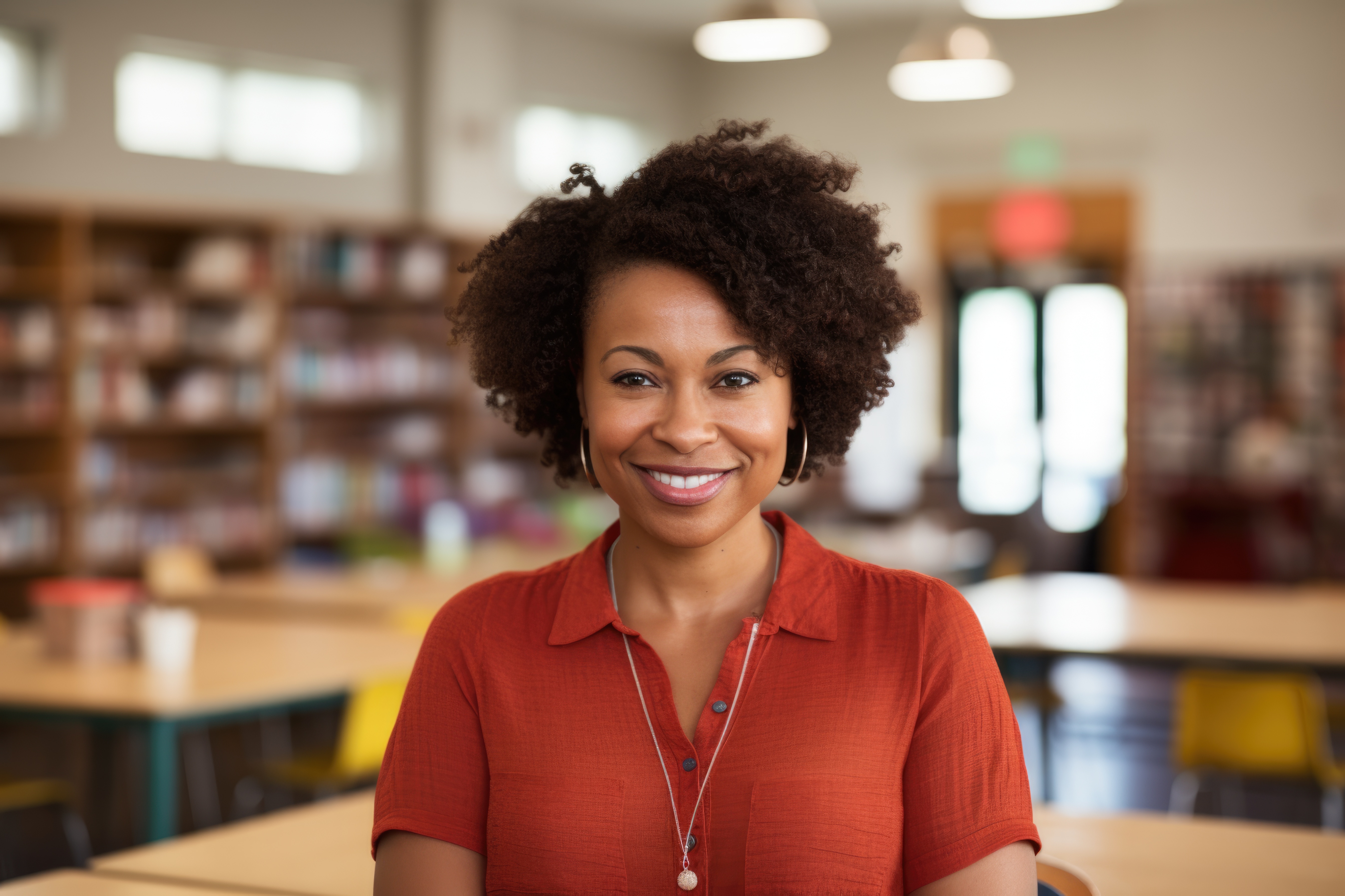 Black woman teacher smiling at the camera, standing in a school classroom