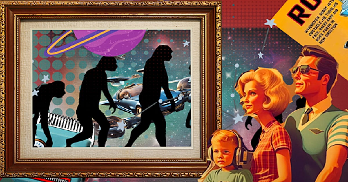 Illustration of a white family in front of a cosmic background using technology, looking toward a painting representing human evolution
