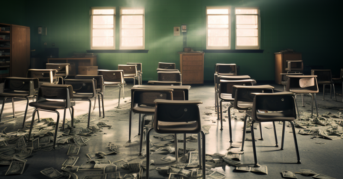 An empty classroom with desks and chairs and cash all over the floor
