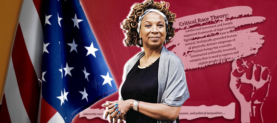 A Black woman next to an American flag