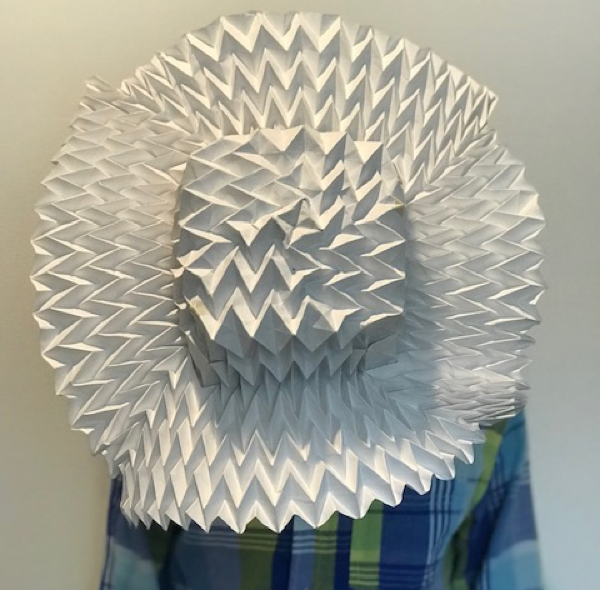 Origami hat displayed with a green and blue plaid shirt. 